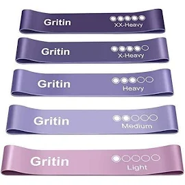 Gritin Resistance Bands, [Set of 5] Skin-Friendly Resistance Fitness Exercise Loop Bands with 5 Different Resistance Levels - Free Carrying Case Inc