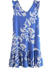 Womens Next Blue/White Ruffle Sleeve V-Neck Linen Blend Summer Dress - Blue/White