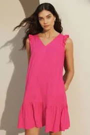 Womens Next Pink Ruffle Sleeve V-neck Linen Blend Summer Dress - Pink