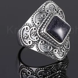 Anello in pietra arenaria blu, anello in pietra quadrata a fascia larga, gioielli artigianali, anello di dichiarazione, gioielli in pietre preziose bl
