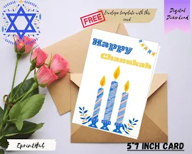 Biglietto d'auguri stampabile Chanukah, biglietto natalizio Chanukah, modello di busta gratuito, design di candele blu felice Hanukkah, download istan