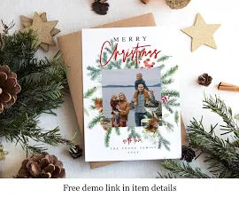 Modello di cartolina di buon Natale, buone vacanze, foto, con foto, download digitale, automodifica, stampabile, personalizzato, Templett, Pine #c71