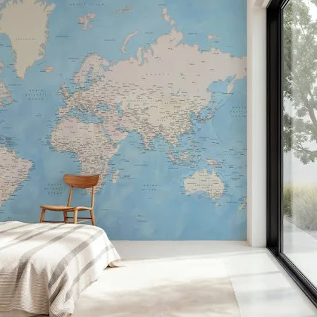 Fotomurale - World Map Cities - Benning - Paesi Mondi - Blu - Sala da pranzo - Wallism Italia - Incollare al muro o Autoadesivo