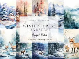 Carta digitale stampabile per paesaggi boschivi invernali, scene del paese delle meraviglie invernali, pagine di foreste innevate, diario spazzatura,