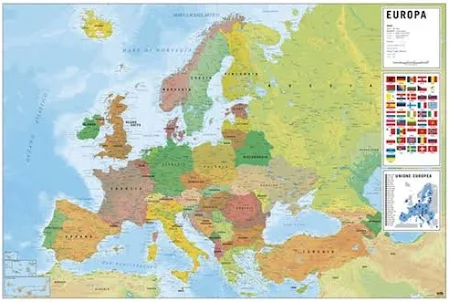 Poster Physical Political Map of Europe Ita 91,5x61