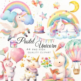 Unicorno carino acquerello, download istantaneo, unicorno pastello png, clipart unicorno, clipart arcobaleno, regalo baby shower, clipart di compleann