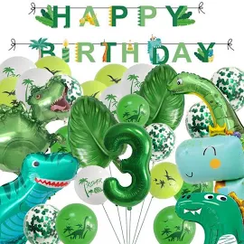 CHEVVY Palloncini Dinosauri Compleanno 3 Anni Kit Palloncini Verde e Striscioni con Banner di Buon Compleanno Palloncini Dino Lamina Foil Forniture