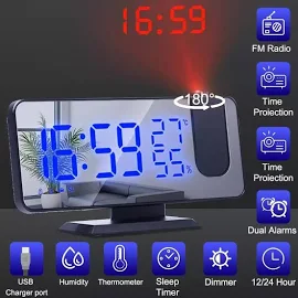 Sveglia a proiezione digitale a LED Sveglia elettronica con proiezione Radio FM Proiettore temporale Orologio muto da comodino per camera da letto