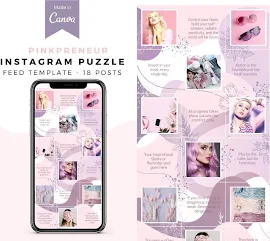 Pinkpreneur Canva Instagram Puzzle Feed Template / Instagram 18 Post / Modelli Instagram / Canva Instagram Post Templates