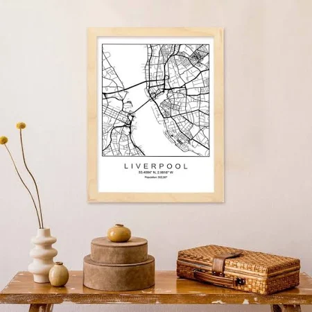 Liverpool City Map Sheet Nordic Style In Bianco E Nero. A4 Senza Cornice