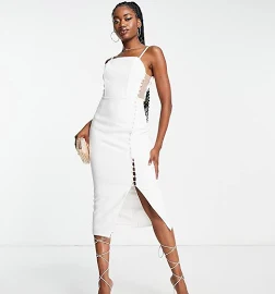 In The Style x Yasmin Devonport exclusive button detail midi dress in white