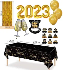 Felice anno nuovo 2023 decorazione oro festa tema seleziona i tuoi palloncini, tovaglia, centrotavola, nero e oro