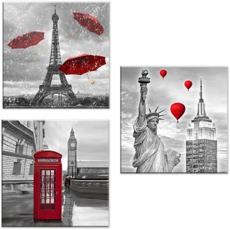 lupia Set 3 pezzi Quadri su tela tema citta' Canvas Day 38x38 cm CITY RED