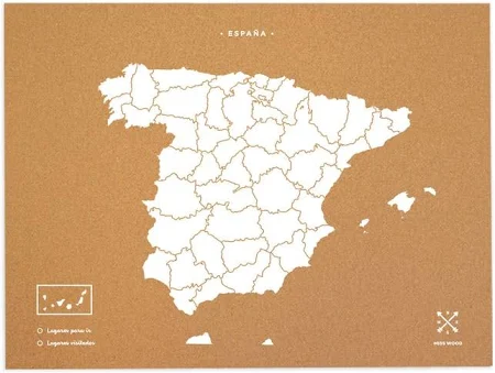 Mappa in sughero Woody Map Natural Spagna / 90 x 60 cm / Bianco / Senza cornice