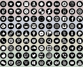 Icone dei social media, 98 +13 tipi, forma del cerchio, bianco su nero, bitmap e immagini vettoriali