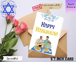 Biglietto d'auguri stampabile felice Hanukkah, biglietto natalizio di Hanukkah, modello di busta gratuito, biglietto d'auguri di Hanukkah, download is