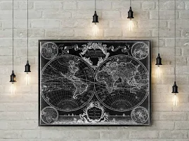 1720 Old World Map, Black Map wall art, Historic Map Antique Style map art Guillaume de L'Isle mappe monde Wall Map Vintage Map Home Decor