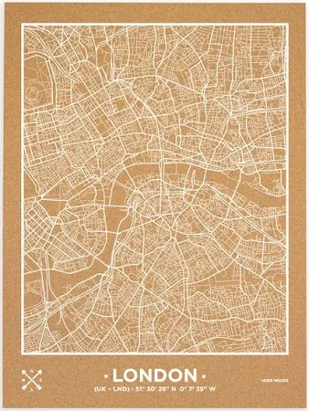 Mappa in sughero Mappa legnosa Londra naturale / 60 x 45 cm / Bianco / Senza cornice