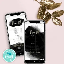 Modello di listino per Instagram, disegno di listino Insta Story, guida digitale ai prezzi per salone, menu per social media, nero e oro, acquerello,