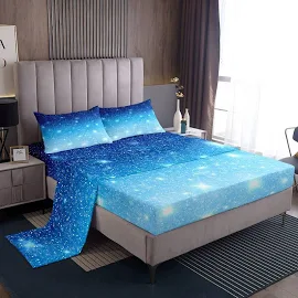 Blue Galaxy - Set di biancheria da letto per ragazzi e ragazze, con glitter pastello, stelle scintillanti, lenzuolo con angoli, 1 lenzuolo piano per