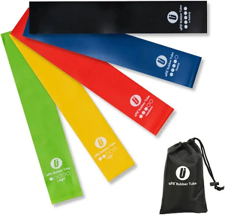 uFit Rubber Tube ゴムチューブ 筋トレ 強度別5本セット プロアスリート 水谷隼 愛用 天然ゴム 臭くない 収納袋 使い方動画 トレーニング フィットネス エクササイズ
