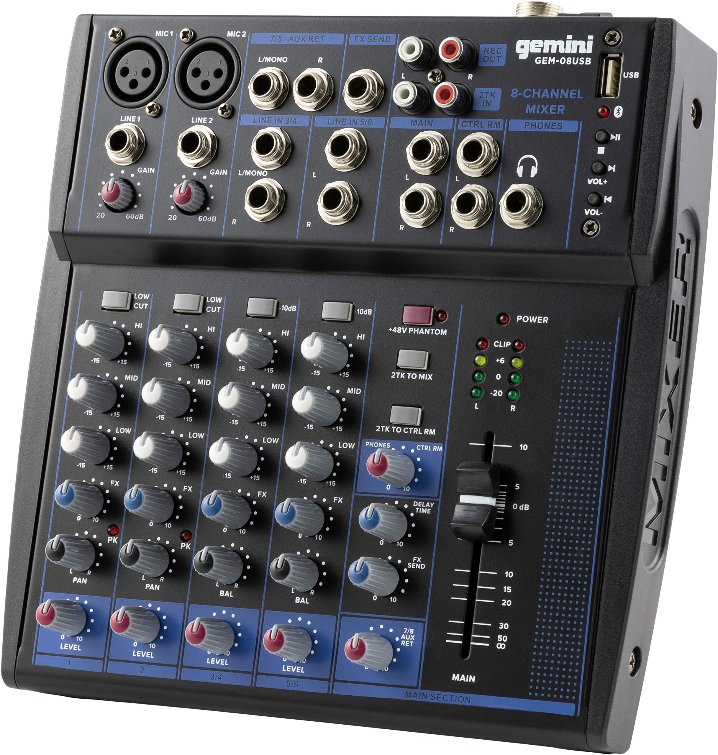 Gemini GEM08USB Compact 8 Channel Bluetooth Mixer USB Analog Black