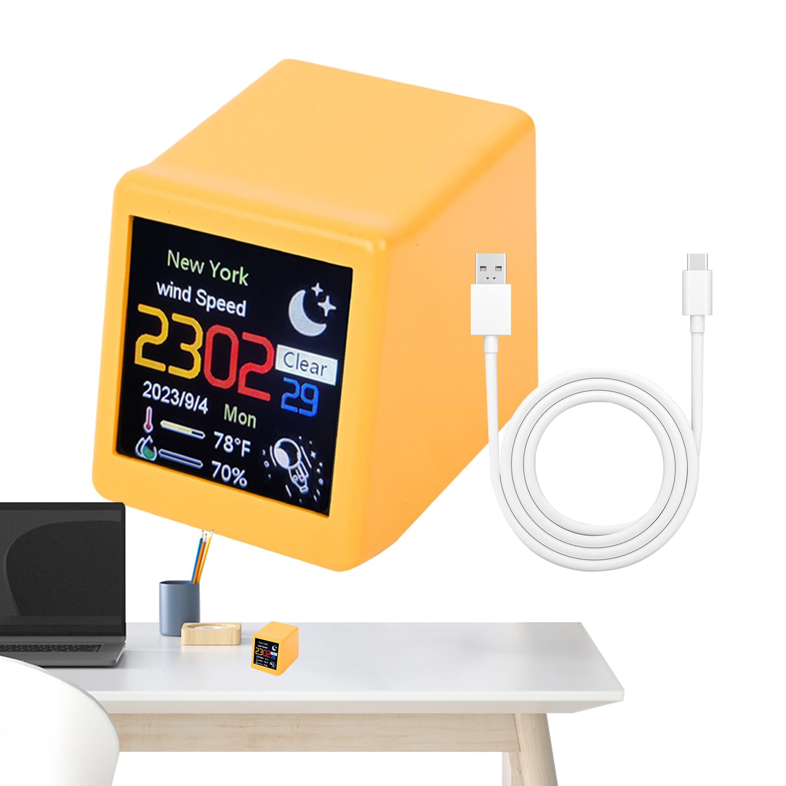 デジタル天気時計 - 小さなデジタル天気予報|ポータブルデスクトップ充電式スマートコントロールアラームホーム湿度モニターベッドルームの日付の時刻