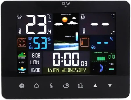 デジタル天気予報ステーション 多機能気象計 アラーム天気時計 Wifi 天気予報ステーション センサー付き 置き時計 日の出日の入時刻表示 大画面 温湿度計 屋内屋外用