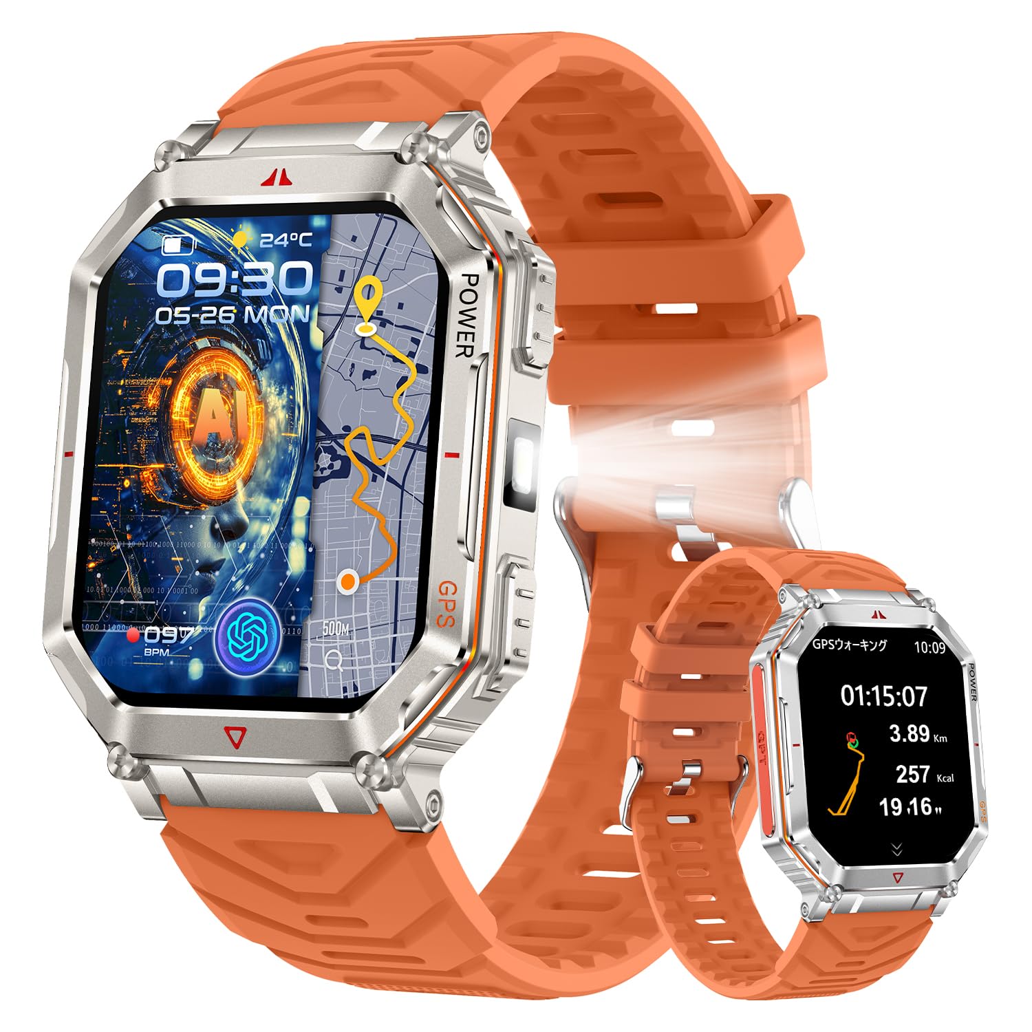 スマートウォッチ【2025年業界新登場 ChatGPT搭載 AI文字盤 GPS内蔵】高輝度懐中電灯 軍用規格 2.01インチ大画面 Bluetooth5.3通話 スポーツウォッチ 3ATM防水 耐衝撃 GPS運動軌跡記録 腕時計 長持ちバッテリー 100+運動モード DIY文字盤 高度計 気圧計