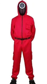イカゲームコスプレジャンプスーツボスコートマスク手袋ラウンド6同じ悪役赤い衣装大人の子供 セット 4 XS 85-95CM