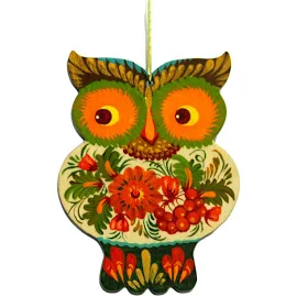 ウクライナ製 美しいペトリキウカ塗木製オーナメント「フクロウ」その1 流し目【クリスマス】