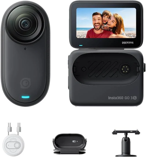 Insta360 GO 3S - 4K小型ウェアラブルVlogビデオカメラ、ハンズフリーPOV、どこでもマウント、手ブレ補正、バッテリー寿命140分、10m防水、AI編集、Apple Find My対応、Vlog/旅行/アウトドア/ペットPOV用 通常版 - 128GB
