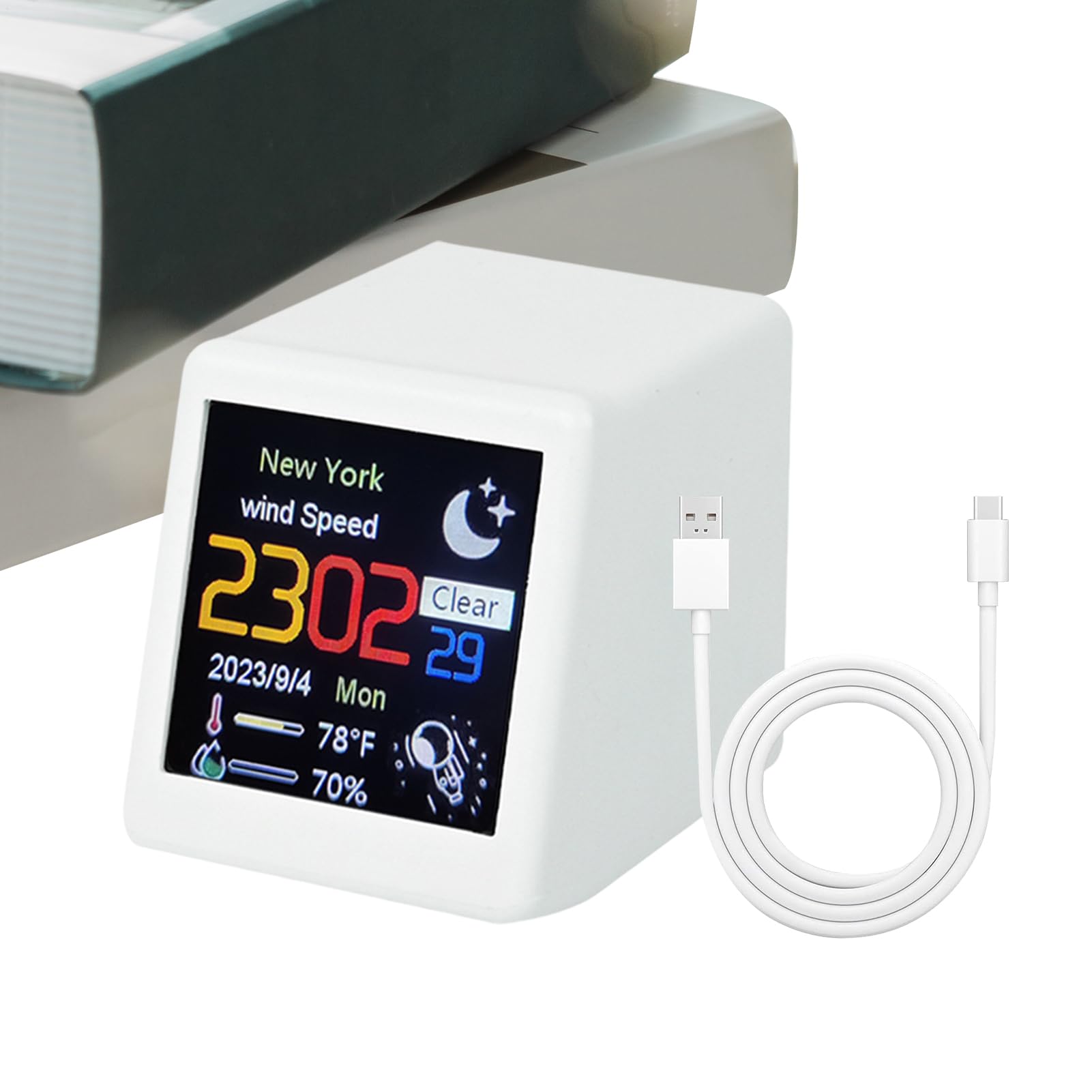 天気時計、天気のある時計 | 小さなデジタル気象ステーション | ポータブルデスクトップスマートコントロールアラーム充電式ホーム湿度モニターリビングルームの日付の時刻
