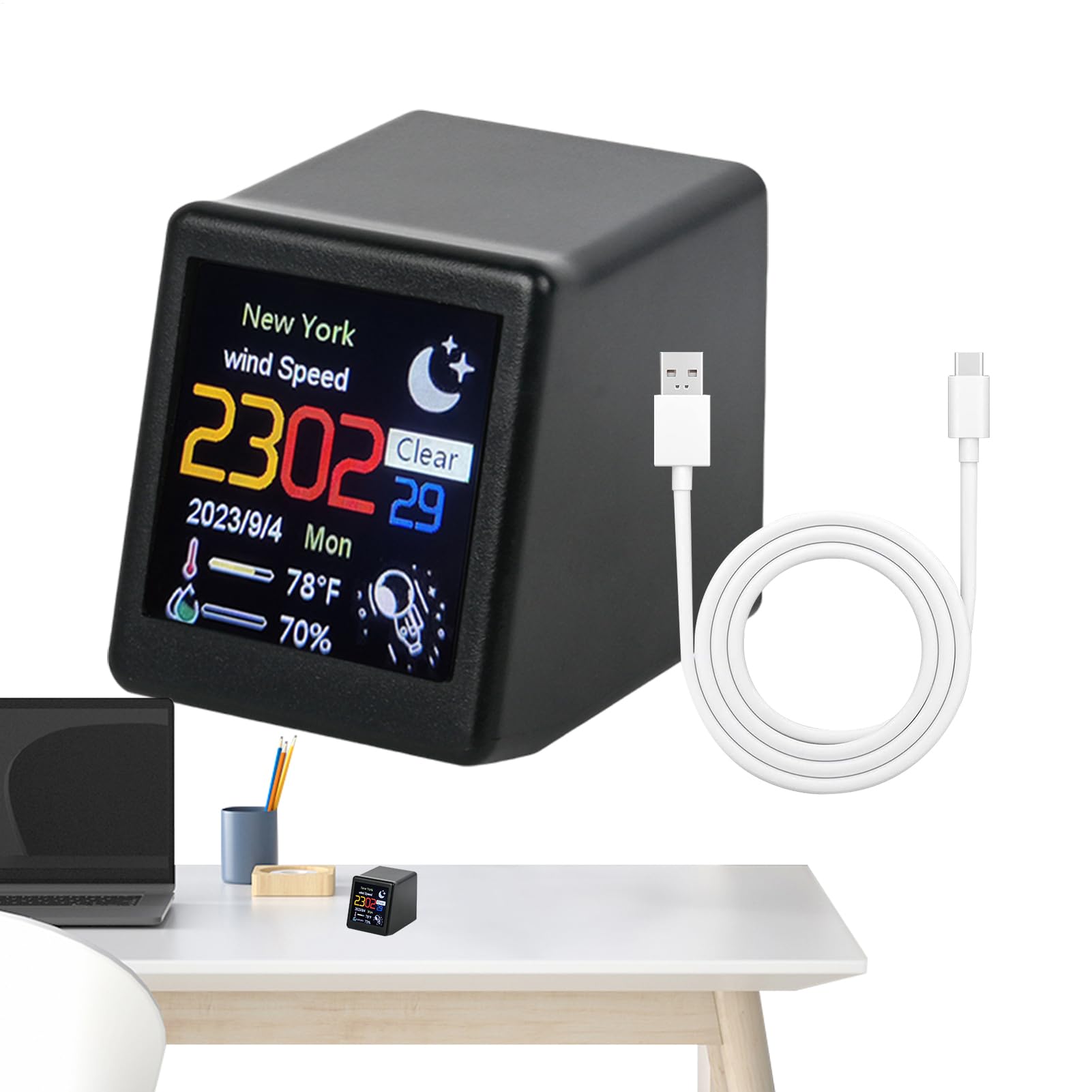 天気時計、天気のある時計 | 小さなデジタル天気予報 | ポータブルデスクトップスマートコントロールアラーム充電式ホーム湿度モニターベッドルームの日付の時刻