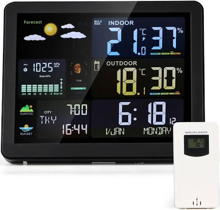Moongiantgo ウェザーステーション デジタル温湿度計 置き天気時計 室内外温湿度測定 日の出日の入時刻表示 天気予報機能 大型ディスプレイ 快適レベル/潮汐波/日付時間表示 家庭用温湿度計 目覚まし時計 置き時計 おしゃれ インテリア 日本語説明書付