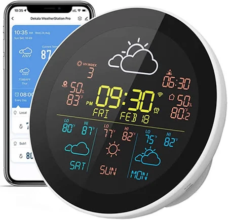 ワイヤレス天気時計、3日間の天気予報ウェザーステーション、リモートWiFi温度センサー付き屋内屋外温度計湿度計、原子目覚まし時計