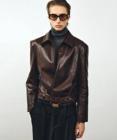 노이어NOIRER 램스 레더 벨티드 크롭 자켓