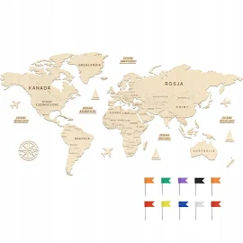 Mapa Świata drewniana 150 cm Mapa świata z państwami na ścianę Z Pinezkami