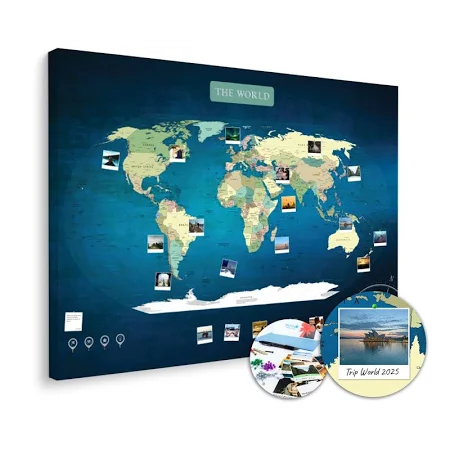 Niebieska mapa świata na ścianę do oznaczania podróży XXL - Prezent dla mamy, taty, brata, siostry, dziewczyny, chłopaka, męża, żony
