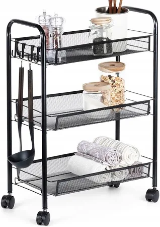 Wózek Kuchenny Regał Na Kółkach 3 Półki Metalowy Czarny Do Łazienki