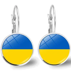 Ukraina Flaga Kolczyki Moda Damska Transgraniczna biżuteria europejska i amerykańska Francuski ear hook Okrągłe szklane kolczyki, Srebrny Qyroadwolf
