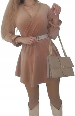 Sukienka rozkloszowana beżowa welurowa