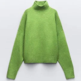 Zara - Sweter Z Dzianiny Z Wykończeniem Soft - Zielone Jabłuszko - Kobiety
