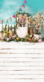 Tło fotograficzne: Turkusowa ściana z drzwiami i wielkanocnymi dekoracjami - Wielkanoc - E37