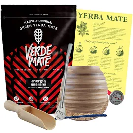 Zestaw Yerba Mate Verde Mate Green Energía Guaraná 500g (0,5kg Suszu) + Matero / Tykwa Miodowa + Termometr + Bombilla + Akcesoria – Startowy