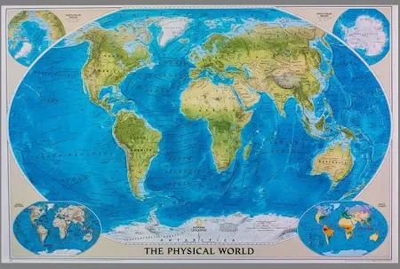 Świat mapa ścienna fizyczna na podkładzie do wpinania znaczników