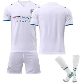 Sanne New 21-22 Manchester City White Away Football Jersey No. 17 De Bruyne Jersey Children's Adult Suit Training Suit no number with socks 3XL(200...