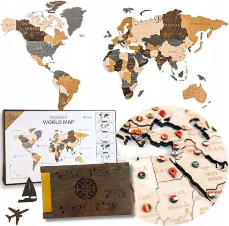 Mapa Drewniana Świata 3D 130x72 cm na Ścianę Zestaw 222 Naklejek i Symboli