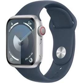 Apple Watch Series 9 GPS + Cellular 41mm Silver Aluminium Case With Storm Blue Sport Band - S/M