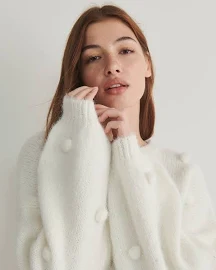 Sweter z ozdobną aplikacją - L - kremowy - damska - Reserved - 3259T-02X